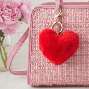 Plush Heart-shaped Keychain Bag Charm in Red Faux Fur